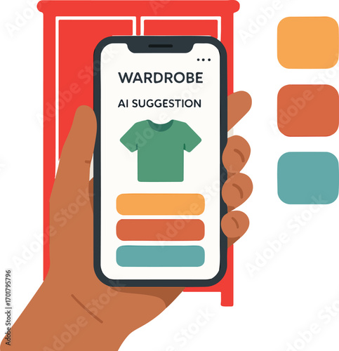 Person asking AI for fast wardrobe color match suggestions phone displays three palette chips Illustration