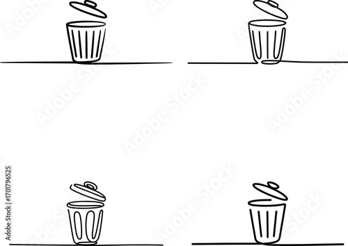 Minimalist drawing of a bin with its lid open, representing waste and recycling concepts.