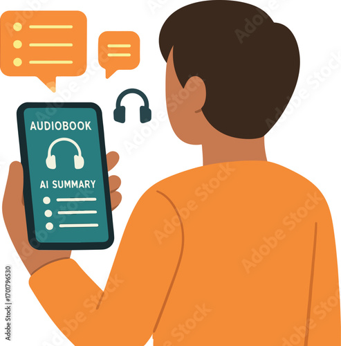 Person asking AI to summarize a long audiobook into three bullet points on phone Illustration