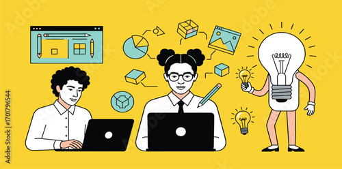 Collaborative digital design team developing innovative concepts, turning creative ideas into visual solutions through brainstorming and focused online work