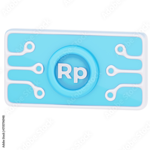 3D render of a light blue digital currency note with circuit patterns and the Indonesian Rupiah symbol (Rp) in the center, representing electronic money or fintech.