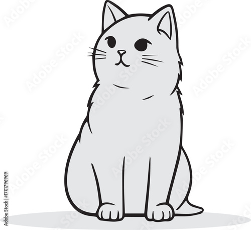 Cute cartoon cat sitting attentively with a curious expression looking upward isolated on white background