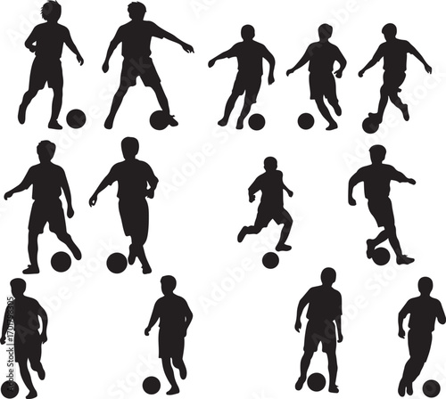 A black vector illustration of diverse silhouettes of people playing various sports, including soccer, tennis, and basketball