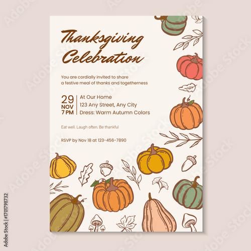 Thanksgiving celebration invitation template with colorful hand-drawn pumpkins and autumn leaves. Vector illustration hand drawn thanksgiving dinner invitation template.