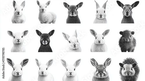 Wallpaper Mural Collection of adorable rabbits and a hedgehog displayed in black and white, showcasing their distinct features and expressions Torontodigital.ca