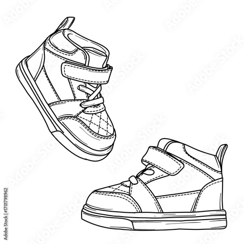 Close-up illustration of a pair of childrens high-top sneakers. The shoes feature adjustable straps and laces, and a quilted design on the upper part. The drawing style is detailed 