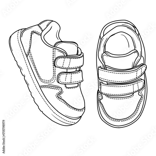 Vector illustration line art hand drawn pair of childrens shoes with velcro straps, simple design, top and side view