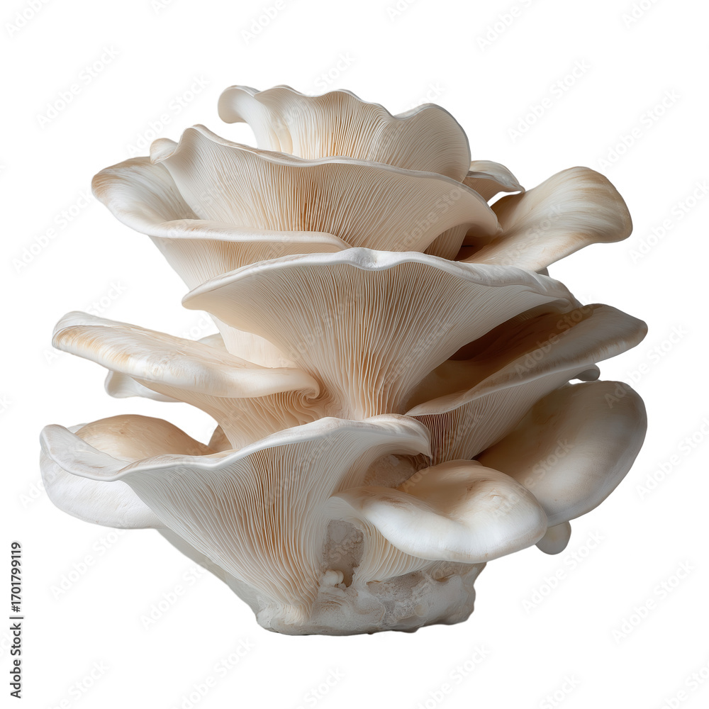 Fototapeta premium Oyster mushroom cluster with smooth, layered caps and delicate gills, showing natural beige and cream tones in fresh, organic arrangement
