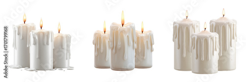 White drippy candles with glowing flames on background isolated on a transparent background fire