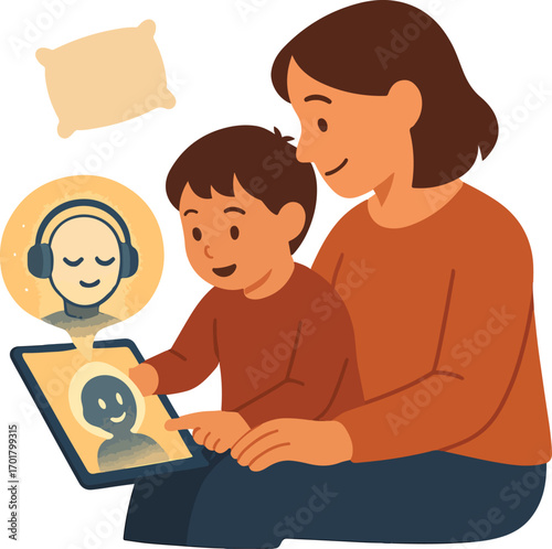Parent and child following an AI bedtime story narrator on a tablet hand pointing to picture Illustration