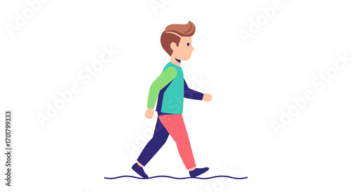 Young boy with brown hair in colorful clothes walking forward with a determined stride.