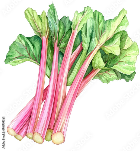 Fresh rhubarb stalks with green leaves isolated on transparent background