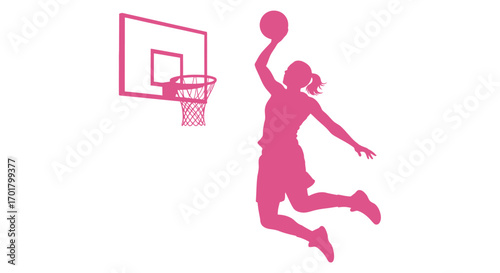 Dynamic silhouette of a female athlete leaping to dunk a basketball against a white background.