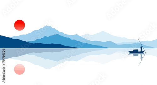 Serene sunrise over tranquil water with a lone figure in a small boat on a vast, misty mountain landscape.
