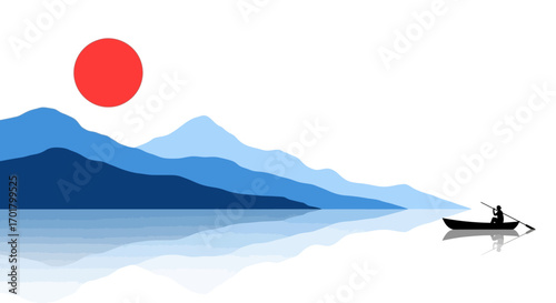 Lone figure rows a small boat across a serene, mist-covered lake towards distant blue mountains under a vibrant red sun.