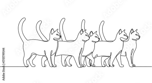Playful line of cats in a simple, elegant continuous line drawing
