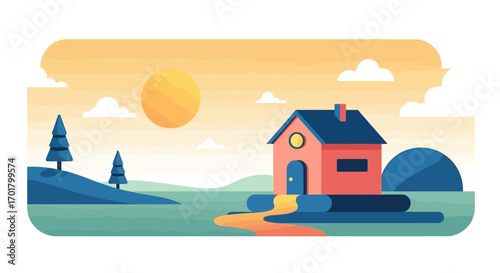 Serene landscape with a charming house nestled beside a flowing river under a warm sunset.