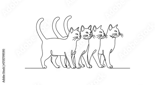 Whimsical line art illustration of four playful cats in a row, showcasing their elegant forms.
