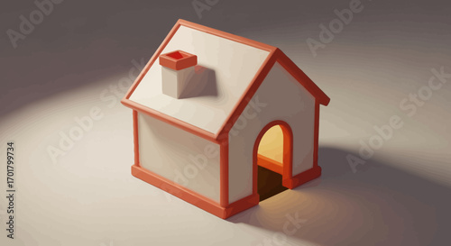 Cozy miniature house illuminated from within, casting a warm glow and shadow.
