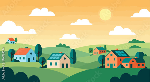 Idyllic rural landscape with charming houses nestled amongst rolling green hills under a warm, sunny sky.