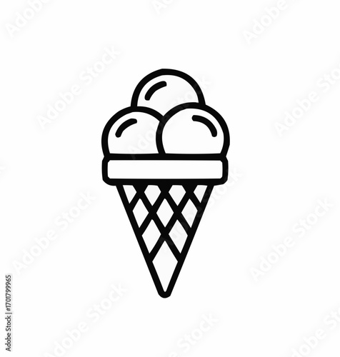 Line art illustration of a three-scoop ice cream cone on a light background
