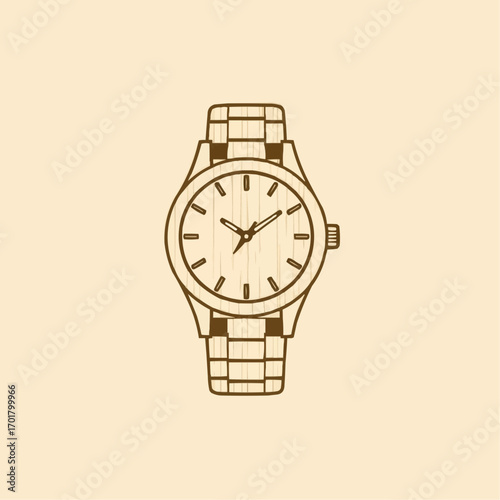Stylized illustration of a wristwatch with a patterned strap on a light beige background