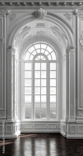 Grand arch window in a stately white room