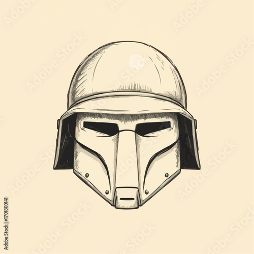 Sketch of a warrior helmet illustration on a light beige background