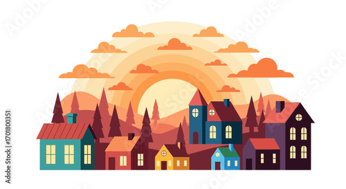 Quaint village nestled among trees at sunset with warm, inviting glow.