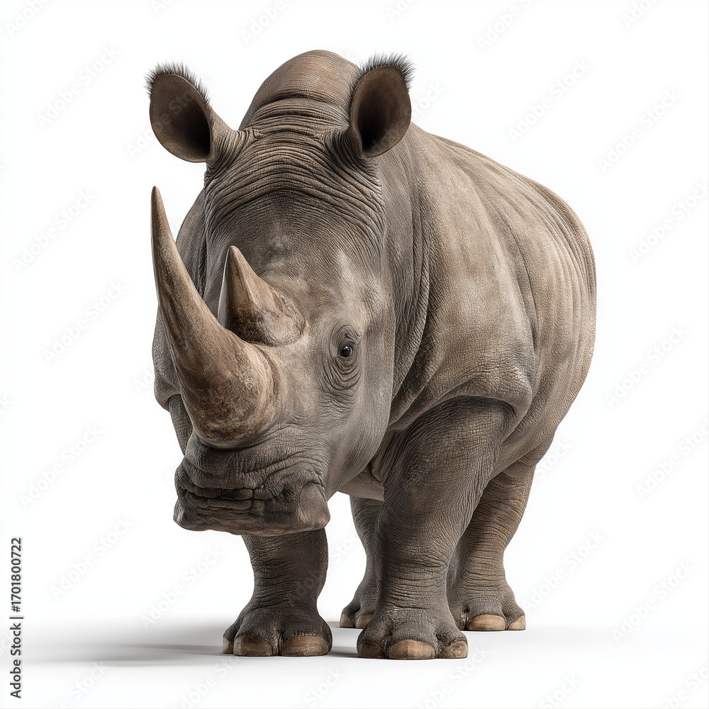 Obraz premium Rhino with thick skin texture and two prominent horns stands facing forward on white background showing detailed wrinkles and rough surface of its body