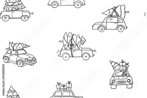 Seamless pattern of cars with a Christmas tree and gifts on the roof. Christmas and New Year elements . Hand drawn.