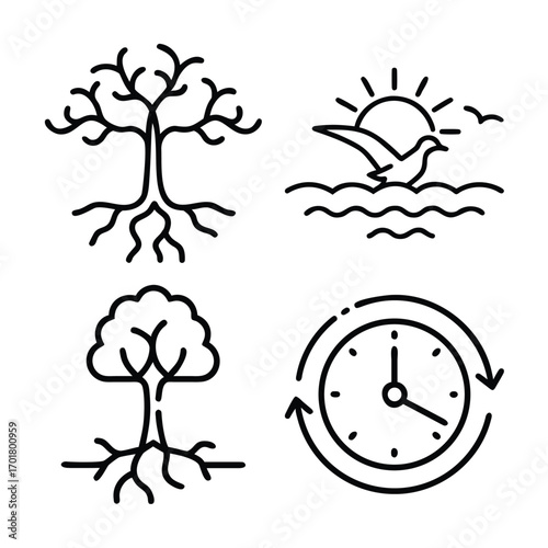 A collection of four simple line art icons representing nature and the passage of time, including trees, a bird, sun, and a clock.