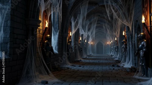 Mysterious haunted castle corridor covered with spiderwebs, torch lit dungeon with armor statues, Halloween horror footage.