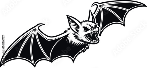 "Vector illustration of a fierce bat with open wings and sharp fangs. Gothic flying creature design in black and white line art. Ideal for Halloween, tattoos, and logos."