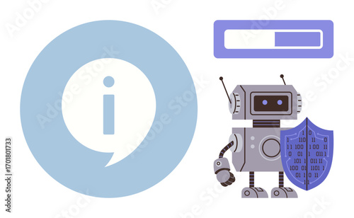 Robot holding shield with binary code, large information icon, data loading bar. Ideal for cybersecurity, data protection, technology, information systems, defense privacy and tech ethics. A simple