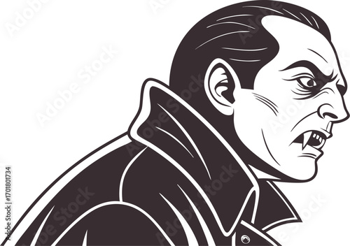 "Vector illustration of a vampire with fangs and dark cloak in dramatic profile. Gothic horror character design in monochrome line art. Perfect for Halloween, tattoos, and logos."