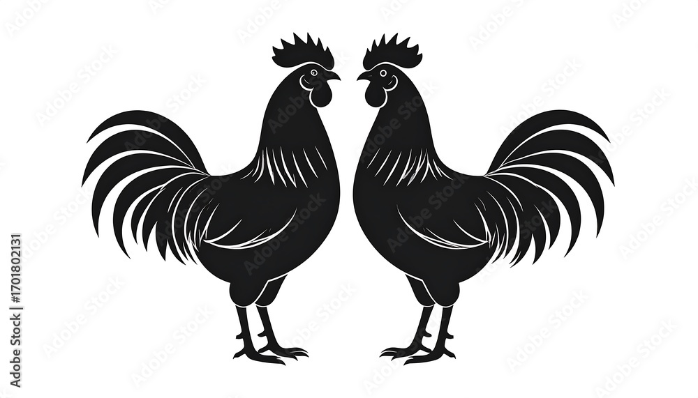 Fototapeta premium Two black rooster silhouettes face each other in profile, showcasing detailed plumage and stance.