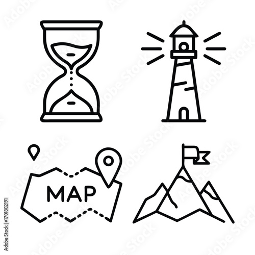Four minimalist line art icons depicting an hourglass, lighthouse, map with pins, and a mountain peak with a flag.