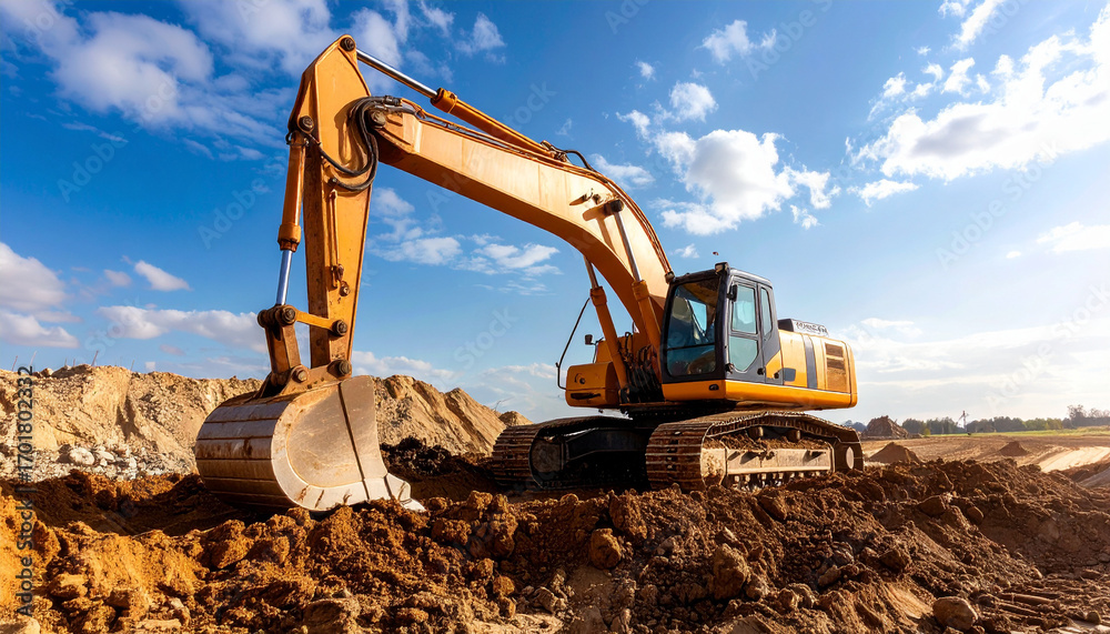 Obraz premium A heavy yellow excavator digging dirt on a construction site