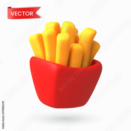 3D vector golden french fries in a red container