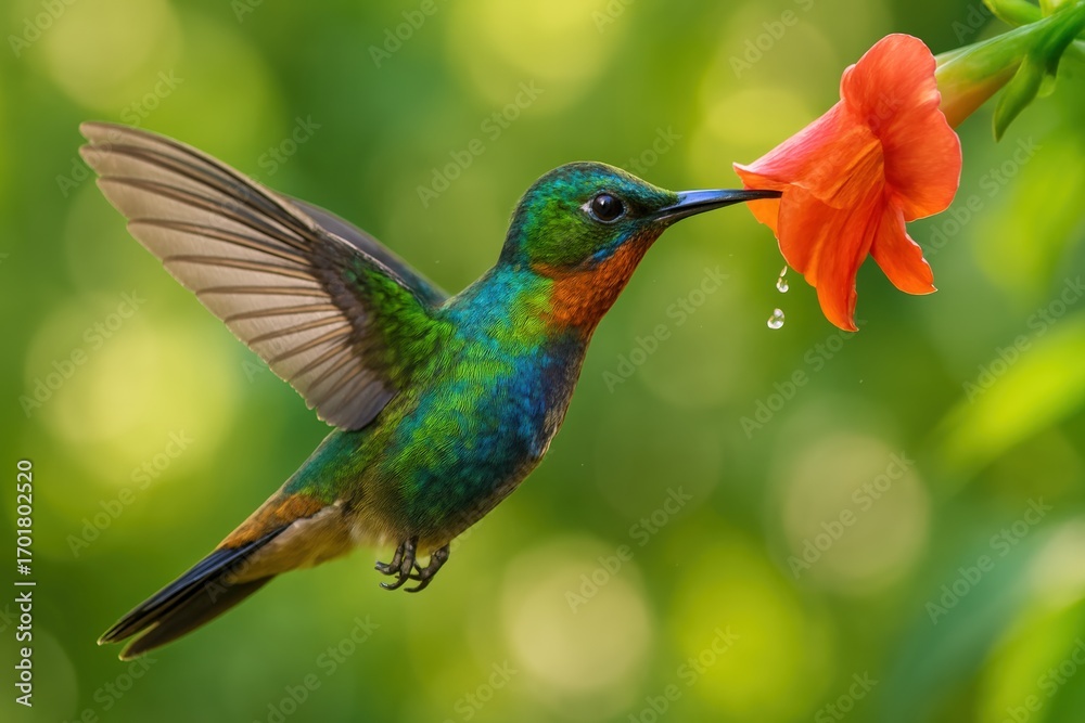Fototapeta premium Colorful hummingbird flying and drinking nectar from orange flower
