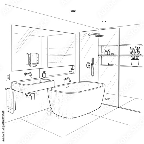 Modern bathroom interior design with freestanding bathtub shower and vanity sink silhouette isolated on white background isolated on transparent background