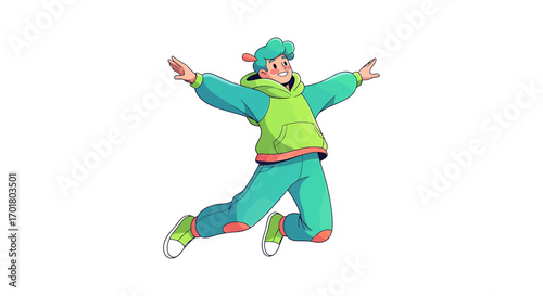 Joyful cartoon character with colorful teal hair jumping in celebration. Vector illustration of a happy person expressing freedom and excitement