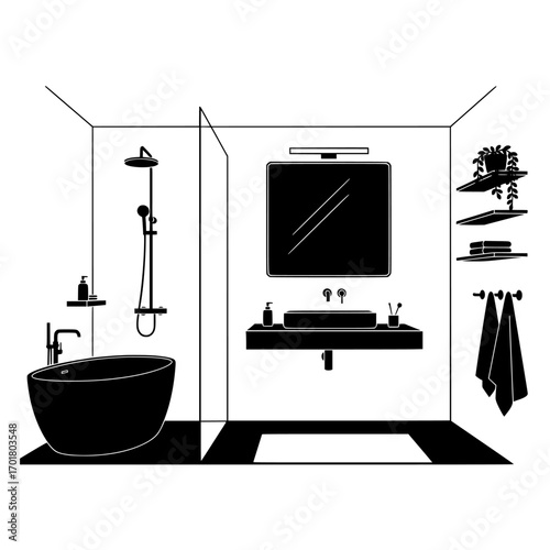 Modern bathroom interior design with freestanding bathtub shower and vanity sink silhouette isolated on white background isolated on transparent background