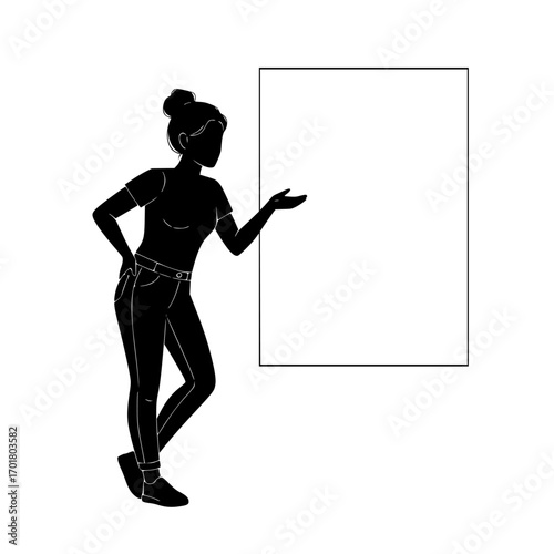 Silhouette of a woman in activewear presenting information on a blank rectangular board isolated on white background isolated on transparent background
