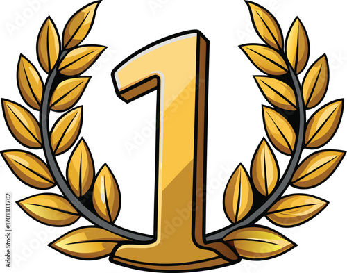 Golden number one laurel wreath award icon for first place achievement and victory