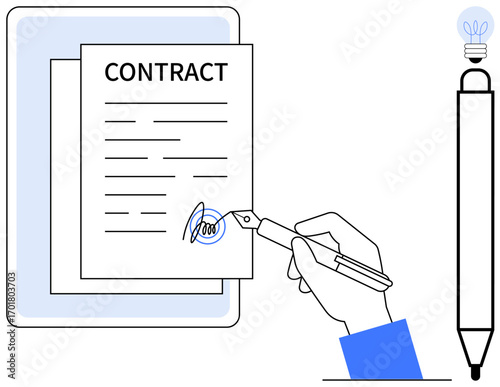 Hand completing signature on contract using fountain pen, emphasizing agreement, documentation, and professionalism. Ideal for business, law, contracts, agreements, trust signature professionalism