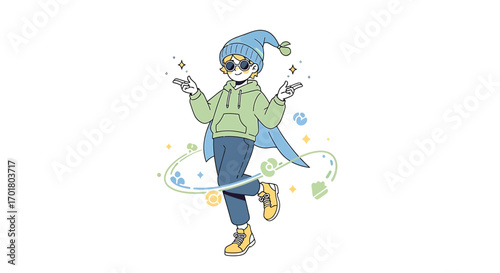 A stylish young mage character in a hoodie and sunglasses levitating with whimsical stardust and magical energy swirls
