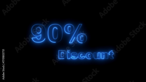 Ninety Percent Discount Neon Sign Glowing Blue on Black Background 90 percent sale
