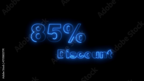 Eighty Five Percent Discount Neon Sign Glowing Blue on Black Background 85 percent sale